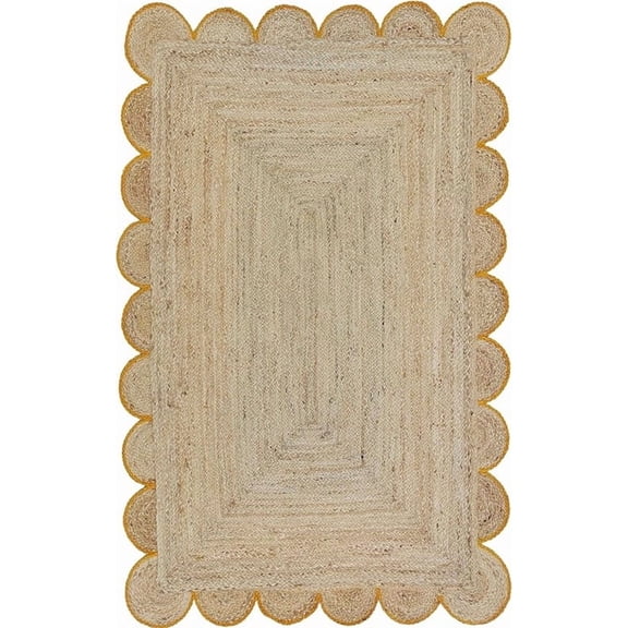 2x4 Ft Yellow Border Premium Scalloped Jute Rug – Handcrafted Natural Braided Carpet for Living Room, Bedroom, Entryway, Boho Home Decor
