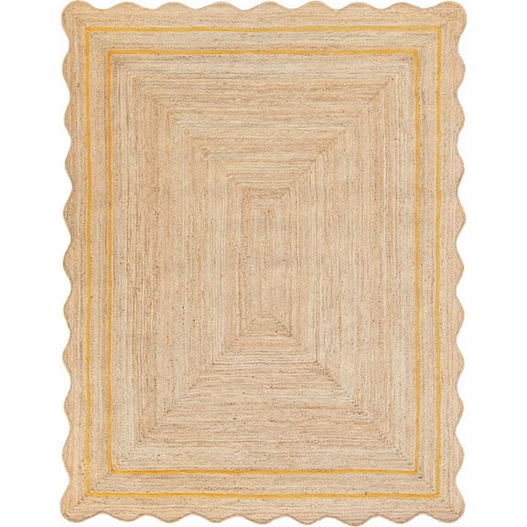 2x4 Ft Yellow Border Premium Scalloped Jute Rug, Handcrafted Natural Braided Carpet for Living Room, Bedroom, Entryway, Hallway etc.