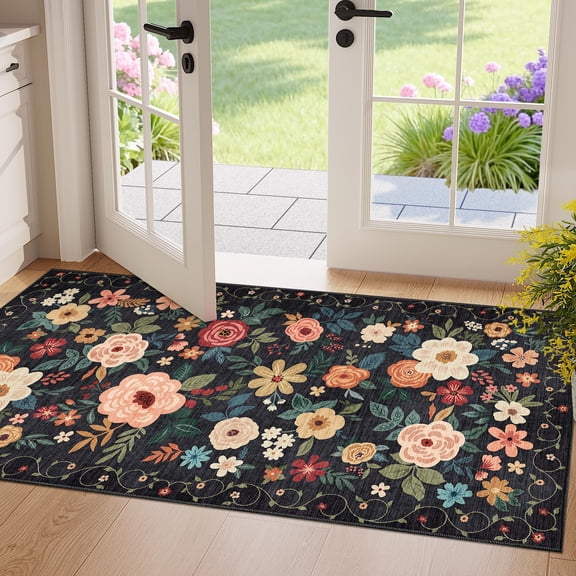 2x4 Rug For Entryway  Washable Kitchen Floral Runner With Non Slip Backing Low Pile Soft Boho Carpet Hallway Laundry Bedroom Black