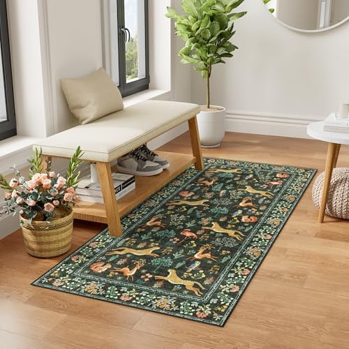 DUKINO 2x6 Runner Rug For Hallway, Washable Kitchen Rug With Non Slip Backing, Low Pile Soft Boho Floral Runner For Kitchen, Hallway, Entryway, Laundry, Bedroom, Dark Green