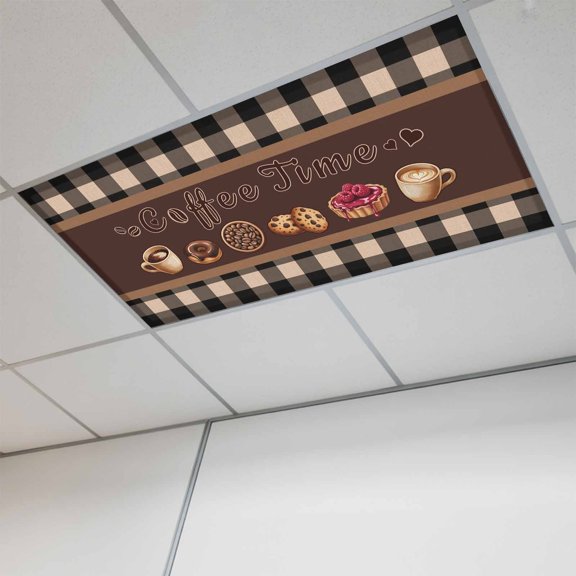 2x4 ft Fluorescent Light Cover for Ceiling Coffee Time Text Theme Magnetic Light Filters, Farmhouse Brown Buffalo Plaid Ceiling Lampshades for Home School Office 1Pcs
