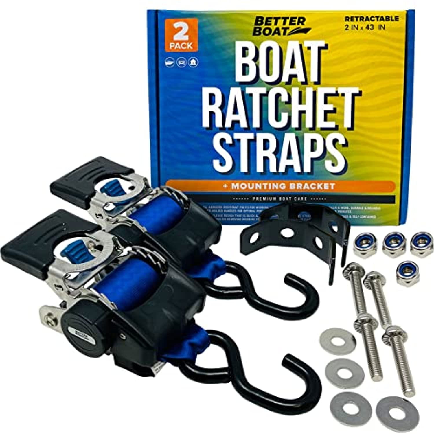 2x43 Blue Stainless Retractable Ratchet Straps - Heavy Duty Set