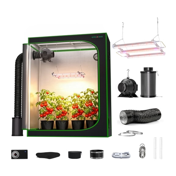 ALPHAGROW 2 x 4 ft 600D Mylar Grow Tent Kit with 33 W LED Light, 4 in Inline Fan and Carbon Filter