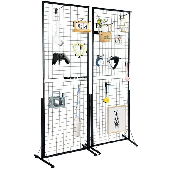 2x5.6 Grid Wall Panels Tower 2 Packs Wire Gridwall Display Racks T Base Floorstanding Double Side Gridwall Panels for Art Craft Shows Retail Display with Extra Clips and Hooks