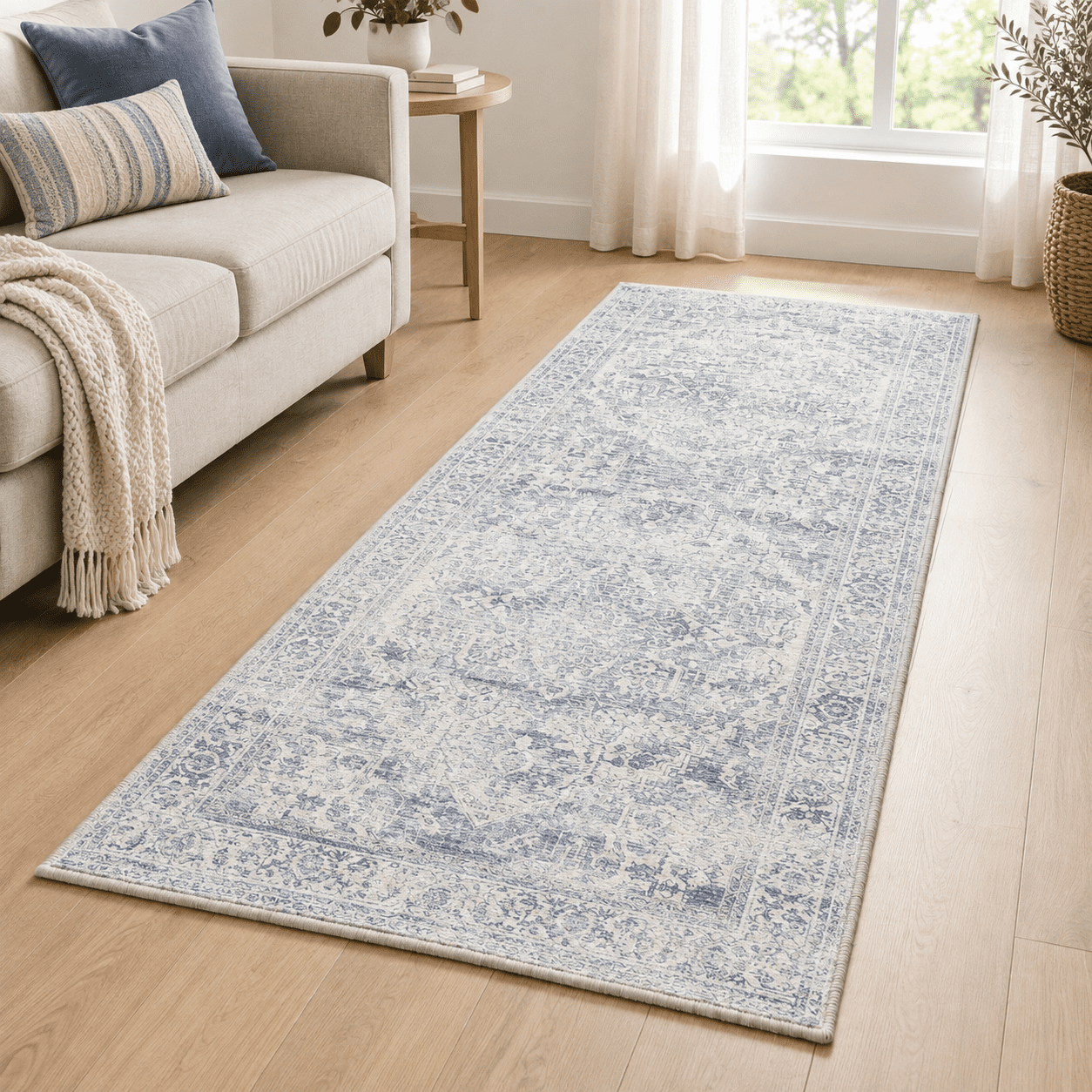 Neurtral Rug 2x5 Hallway Runner Rug Washable Blue Neutral Oriental Distressed ...