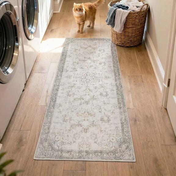 2x5  Runner Rug for Hallway Washable Kitchen Runner Floral Distressed Design Non Slip Thin Indoor Floor Cover Low-Profile Throw Carpet for Entryway Bathroom Bedroom Porch, Taupe