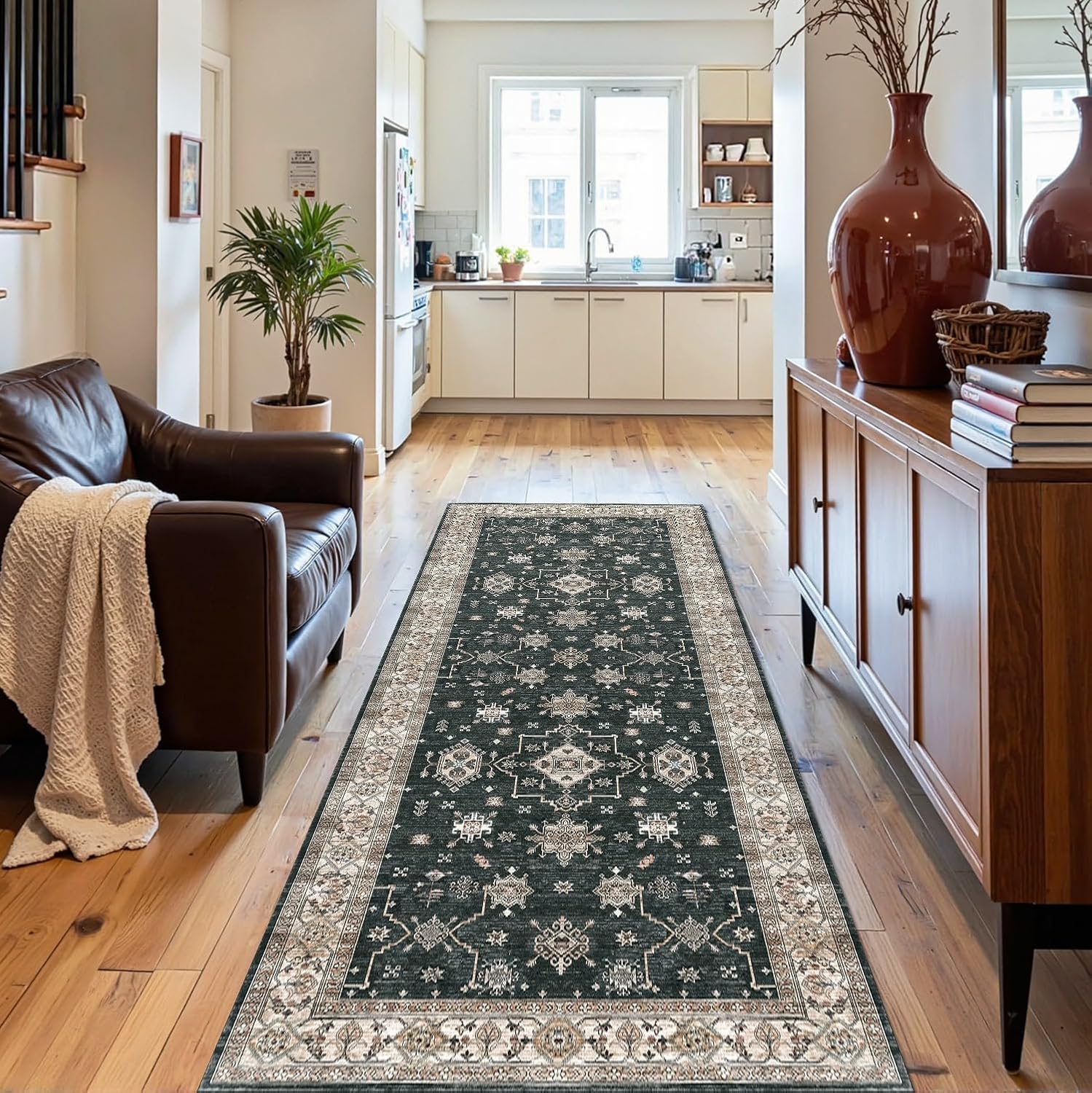2x5 Runner Rug, Washable Kitchen Rugs, Black Boho Vintage Floral ...