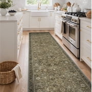 DEORAB 2.5x10 Runner Rugs Persian Print Pattern Olive Low Pile Lightweight Machine Washable Non Slip Rug for Hallway, Kitchen, Laundry Room, Bedroom, Bathroom, 
