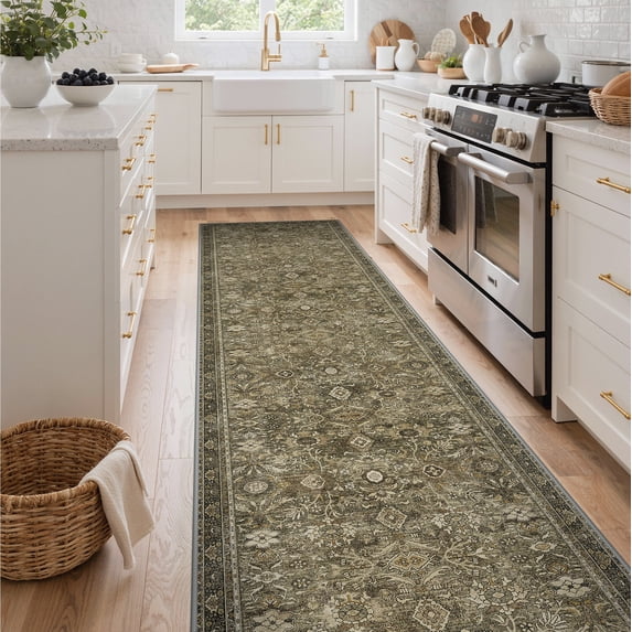 DEORAB 2.5x10 Runner Rugs Persian Print Pattern Olive Low Pile Lightweight Machine Washable Non Slip Rug for Hallway, Kitchen, Laundry Room, Bedroom, Bathroom, Entryway