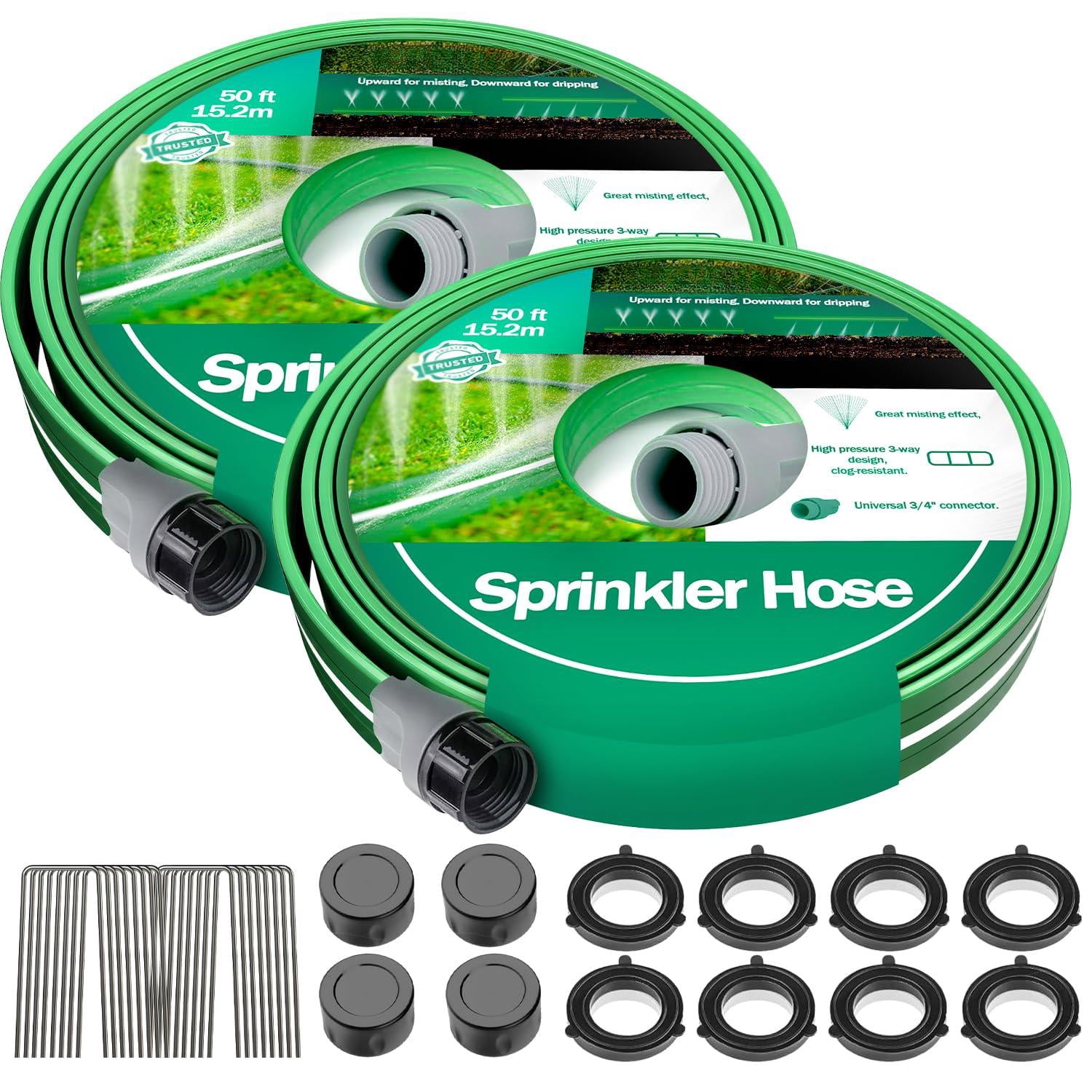 2x50ft Sprinkler Hoses For Lawn  Three-tube Flat Hose With Holes Heavy Duty Soaker Garden U-shaped Stakes Flexible Irrigation Yard
