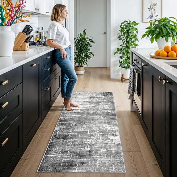 2x6 Abstract Kitchen Runner Rug - Washable Non-slip Hallway Bedroom Carpet Low Pile Laundry Entryway Rugs With Non Slip Rubber Backing Modern Home Decor Mat For Dining Room Bathroom (2x6 Black/grey)