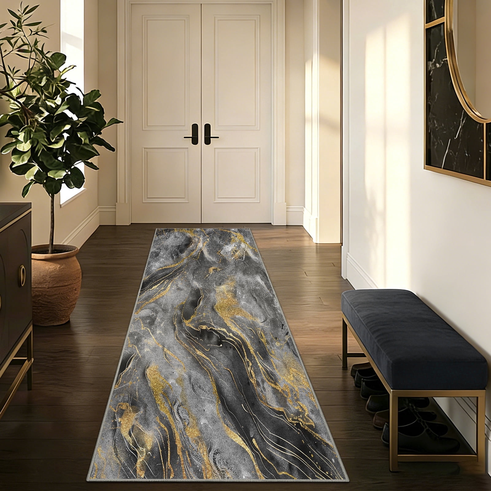 2x6 Abstract Marble Runner Rug Non Slip Washable Rug, Soft Faux Wool ...