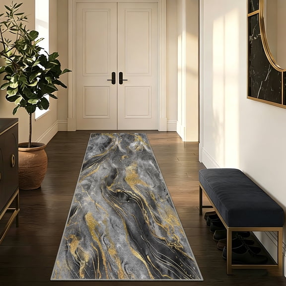 2x6 Abstract Marble Runner Rug Non Slip Washable Rug, Soft Faux Wool Modern Rugs for Hallways, Kitchen Runner Rugs Non Skid, Stain Resistant Floor Carpet for Laundry Entryway Bedroom Bathroom