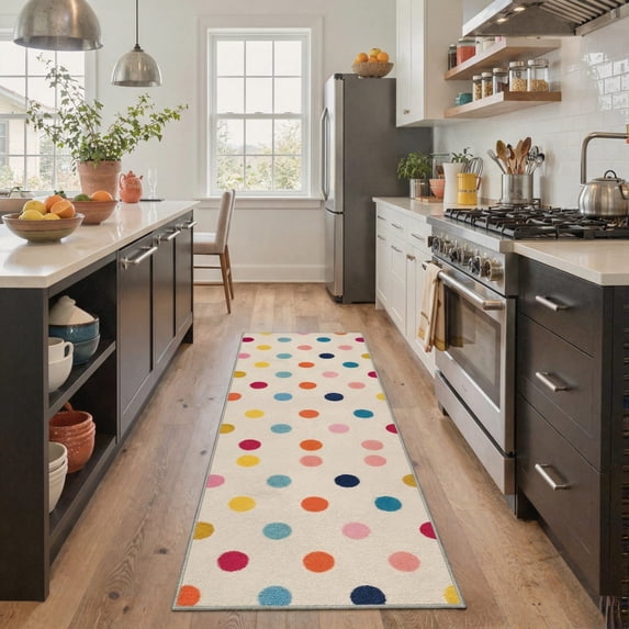 2x6 Area Rugs for Hallway Non Slip Low Pile, Machine Washable Lightweight Runner Rug, Print Pattern Floor Mat for Laundry Room, Bedroom, Bathroom, Polka Dot, Cream Ivory