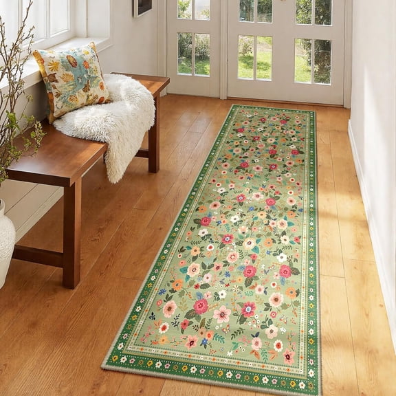 2x6 Area Rugs for Living Room Vacuum-Friendly Machine Washable Area Rug Flower Floral Printed Pattern Low Pile Non-Slip Carpet for Bedroom Hallway Entryway, Light Green