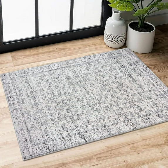 2x6 Beige Washable Runner Rug for Hallways, Soft Neutral Vintage Kitchen Rugs with Non-Slip, Non-Shedding Distressed Floral Rug for Bedroom Kitchen Porch Laundry Entryway