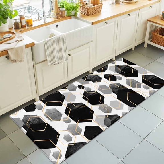 2x6 Black Geometric Runner Rug for Hallway, Washable Non Slip Low Pile Soft Indoor Runner for Kitchen Laundry Bedroom, Modern Abstract Lines Floor Runner