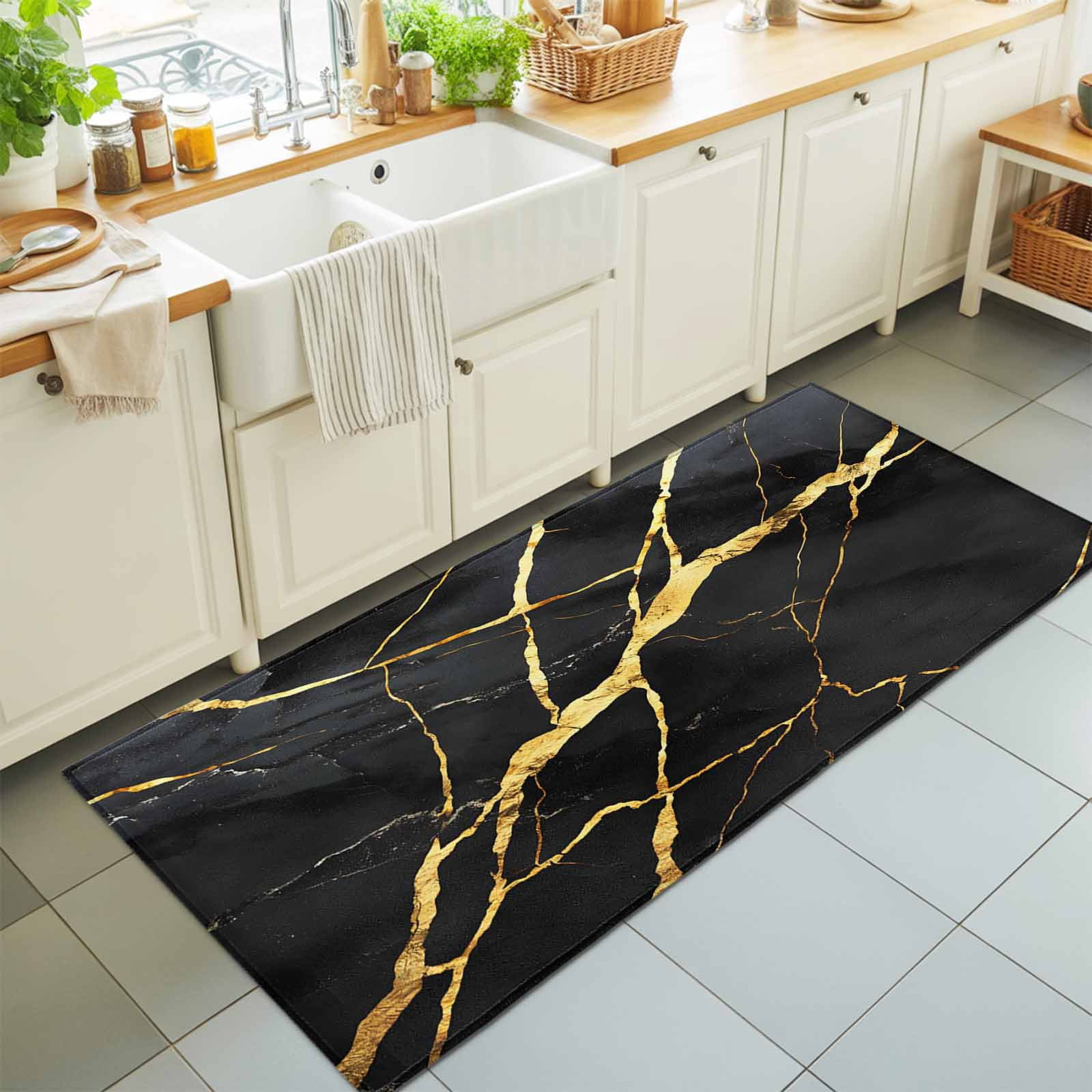 2x6 Black Marble Runner Rug for Hallway, Washable Non Slip Low Pile ...