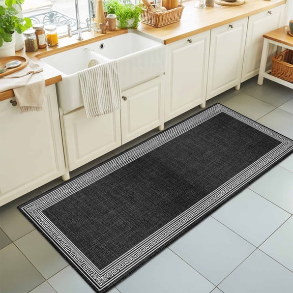 2x6 Black Vintage Runner Rug for Hallway, Washable Non Slip Low Pile Soft Indoor Runner for Kitchen Laundry Bedroom, Abstract Art Linen Greek Key Floor Runner
