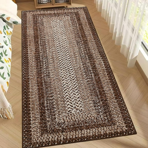2x6 Boho Runner Rug Braided Print Hallway Area Rug Machine Washable Throw Floor Cover Non Slip Moroccan Runner Carpet for Kitchen Farmhouse Rustic Carpet for Living Room Bedroom, Brown