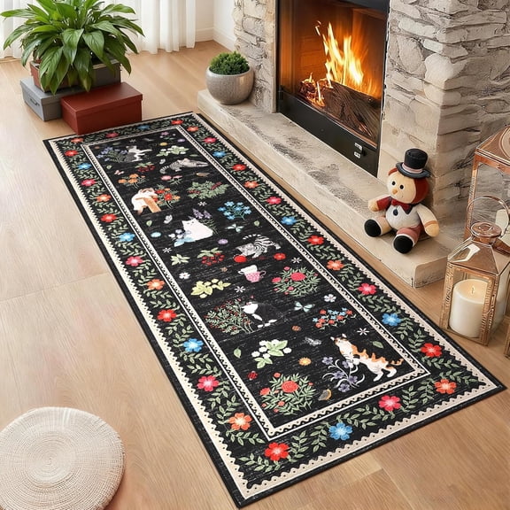 2x6 Cat Floral Runner Rug Non Slip Washable Soft Hallway Entryway Black