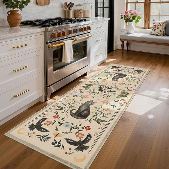 2x6 Cat Washable Runner Rug for Kitchen, Soft Beige Hallway Runner Non Slip Mushroom Moths Entryway Rug Floral Laundry Mat Stain Resistant Carpet for Bedroom Bathroom Beside Rug