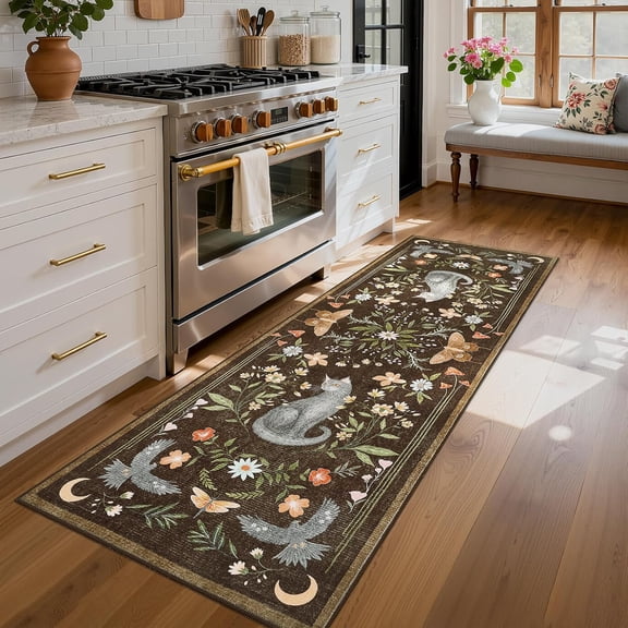 2x6 Cat Washable Runner Rug for Kitchen, Soft Brown Hallway Runner Non Slip Mushroom Moths Entryway Rug Floral Laundry Mat Stain Resistant Carpet for Bedroom Bathroom Beside Rug