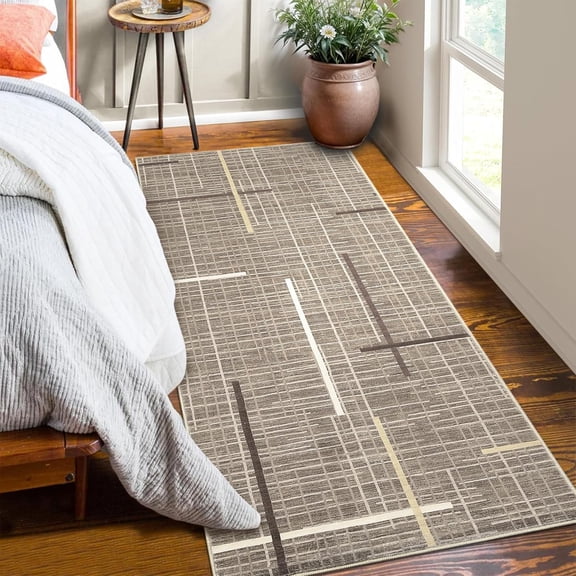 2x6 FT Modern Interwoven Lines Runner Rug, Washable Indoor Rug with Low Pile, Stain Resistant Surface, Non Slip Backing, Easy Clean Floor Carpet - Brown