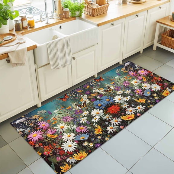 2x6 Flower Blossom Runner Rug for Hallway, Washable Non Slip Low Pile Soft Indoor Runner for Kitchen Laundry Bedroom, Butterfly Floral Floor Runner