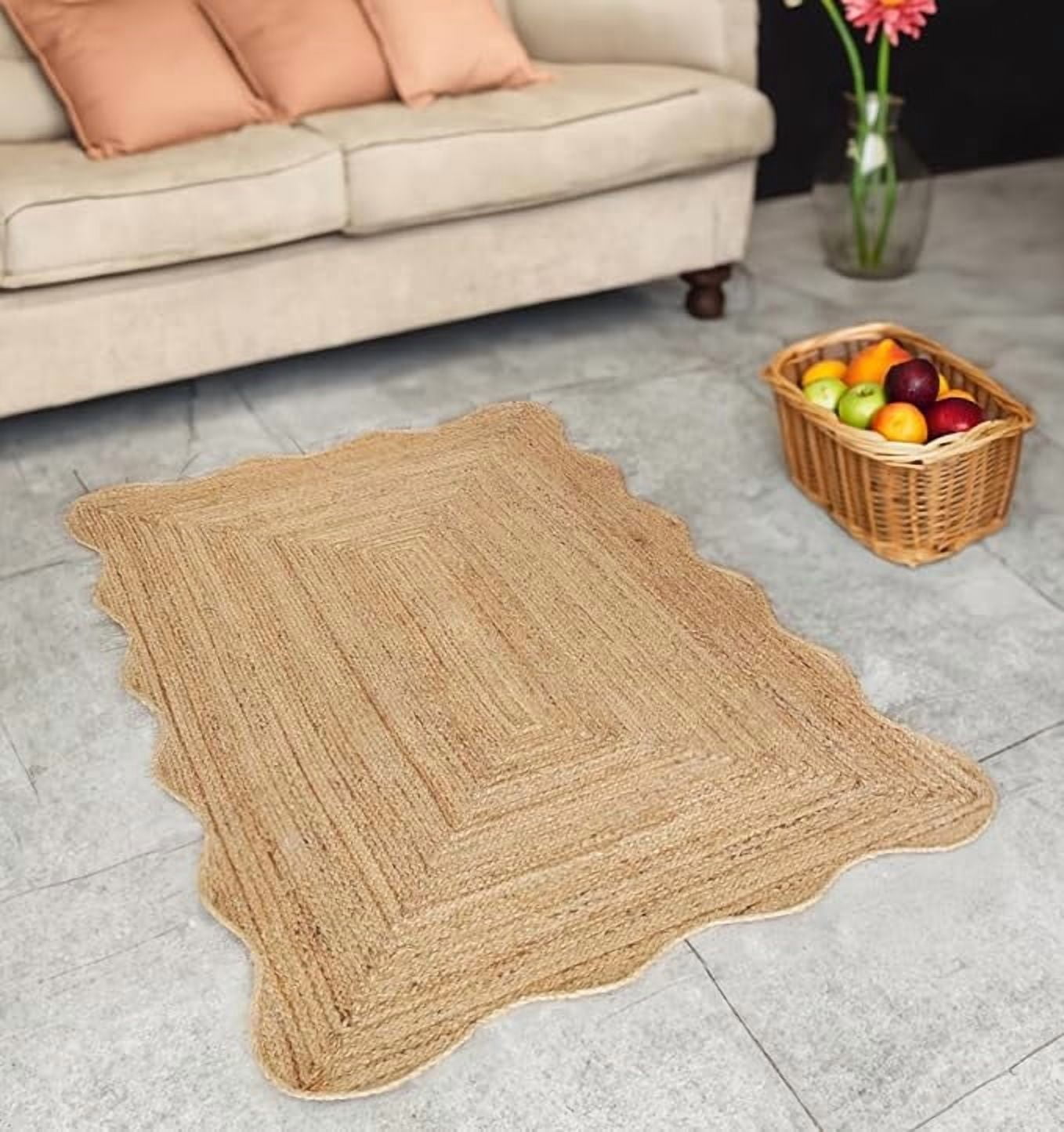 2x6 Ft Natural Jute Premium Scalloped Jute Rug – Handcrafted Natural Braided Carpet for Living Room, Bedroom, Entryway – Boho Home Decor