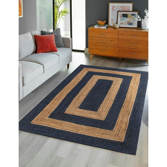 2x6 Ft Navy Blue & Natural Jute Area Rug, Hand-Woven, Reversible, Farmhouse Boho Style, Durable & Pet-Friendly Rug for Living Room, Dining Room, and Bedroom