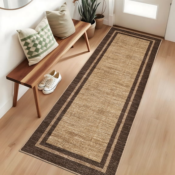 2x6 Hallway Runner Rug Washable Kitchen Runner Rug Stain Resistant Solid Border Entry Rugs Non Slip Non Shedding Low Pile Floor Cover for Living Room Bedroom Dining Room,Taupe/Brown