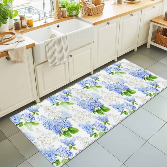 2x6 Hydrangea Flower Blue Runner Rug for Hallway, Washable Non Slip Low Pile Soft Indoor Runner for Kitchen Laundry Bedroom, Green Leaves Floor Runner
