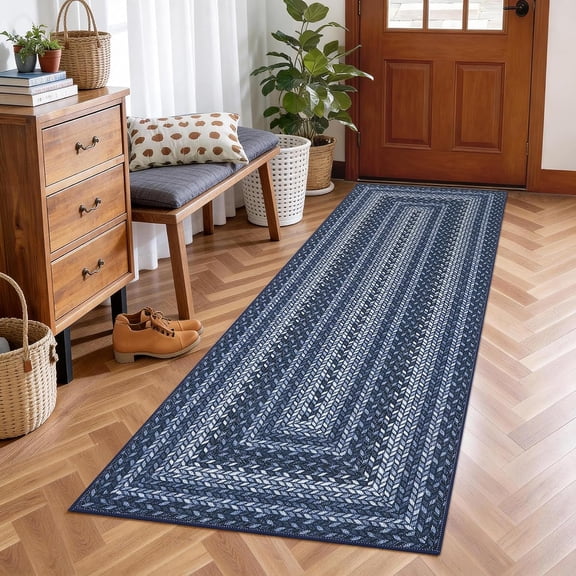 2x6 Indoor Outdoor Runner Rug Washable Non-Slip Low Pile Kitchen Patio Hallway Navy Rust