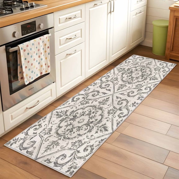 2x6 Kitchen Runner Rug, Beige Boho Floral Non-Skid Rubber Backing Large Hallway Rugs - Living Room Bedroom Home Office, Vintage Farmhouse Flowers Rustic Indoor Floor Mat Carpets Washable Rug