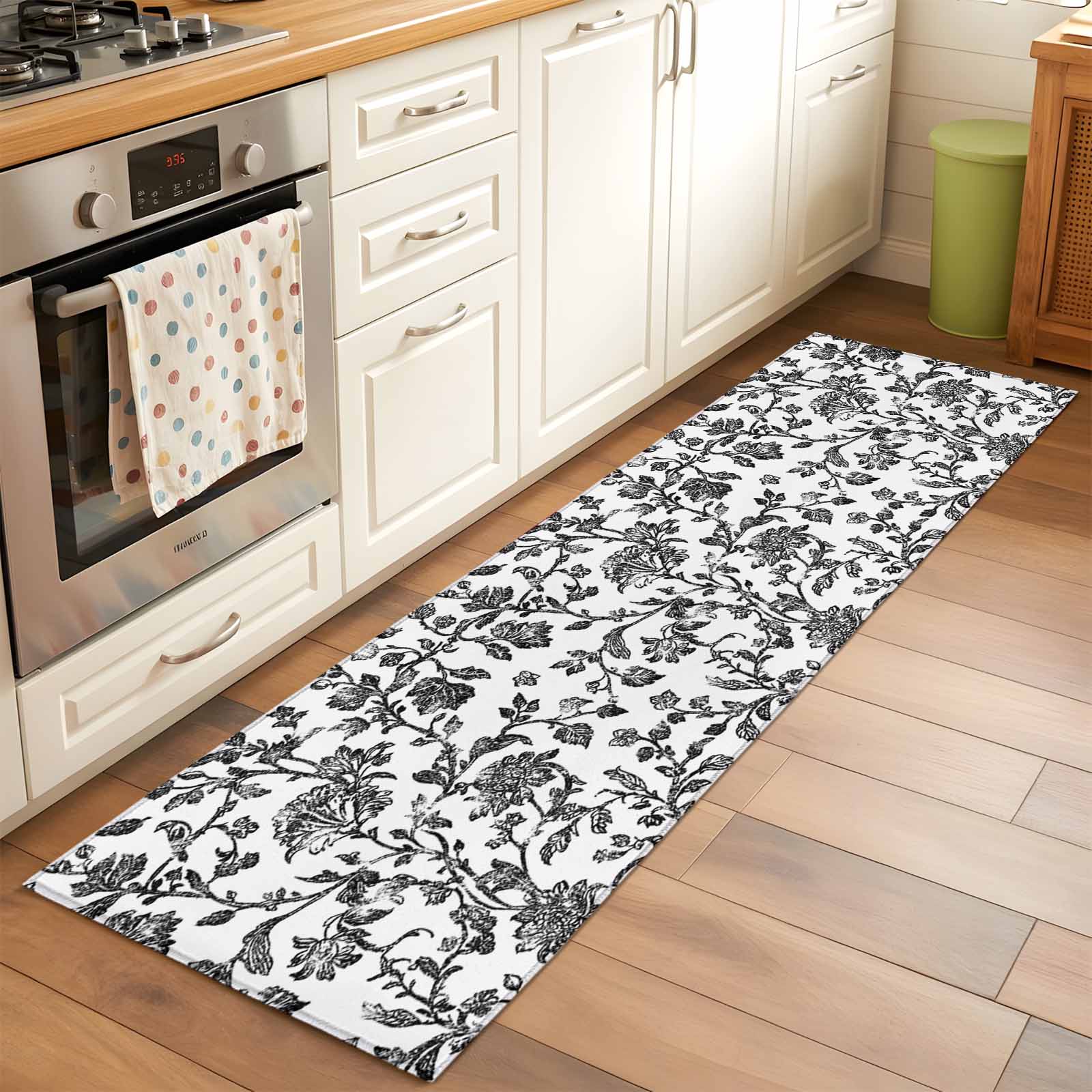 2x6 Kitchen Runner Rug, Black Flower Non-Skid Rubber Backing Large ...