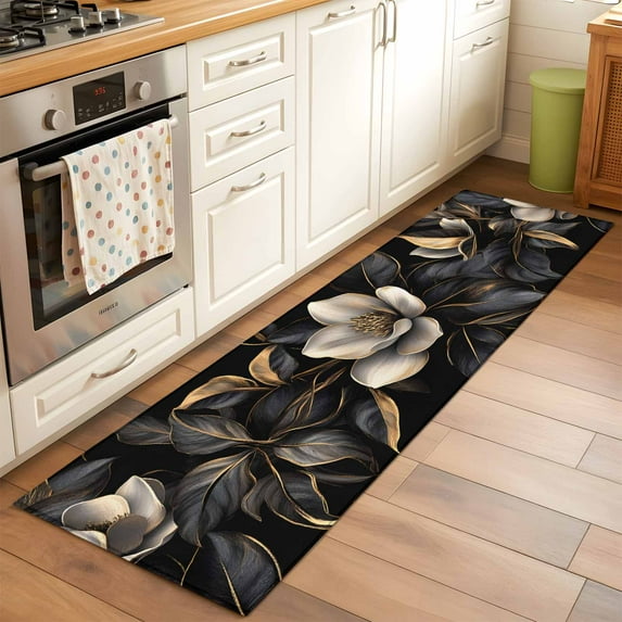 2x6 Kitchen Runner Rug, Black Gold Flower Non-Skid Rubber Backing Large Rectangle Rugs - Living Room Bedroom Home Office, Gradient Luxurious Floral Botanical Indoor Floor Mat Carpets Washable Rug