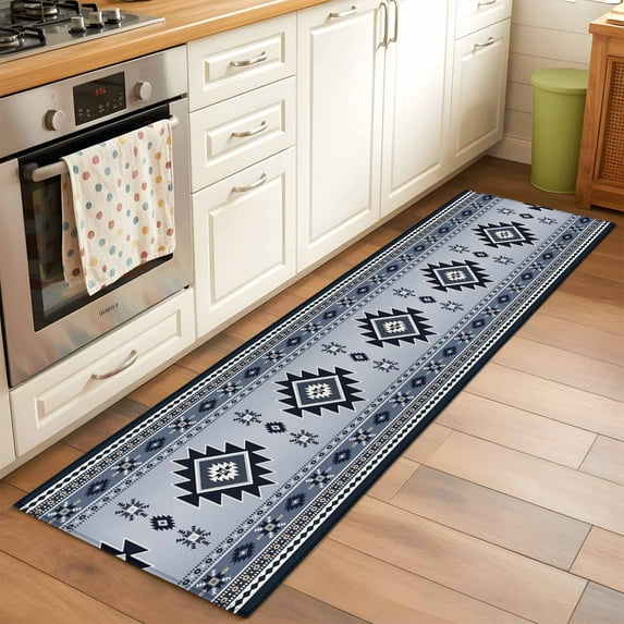 2x6 Kitchen Runner Rug, Blue Aztec Non-Skid Rubber Backing Large Rectangle Rugs - Living Room Bedroom Home Office, Boho Southwest Farmhouse Ethnic Motifs Indoor Floor Mat Carpets Washable Rug