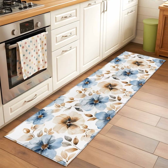 2x6 Kitchen Runner Rug, Blue Brown Spring Floral Non-Skid Rubber Backing Large Rectangle Rugs - Living Room Bedroom Home Office, Summer Botanical Watercolor Indoor Floor Mat Carpets Washable Rug