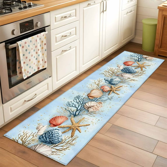 2x6 Kitchen Runner Rug, Blue Coastal Non-Skid Rubber Backing Large Rectangle Rugs - Living Room Bedroom Home Office, Summer Nautical Beach Conch Starfish Coral Indoor Floor Mat Carpets Washable Rug