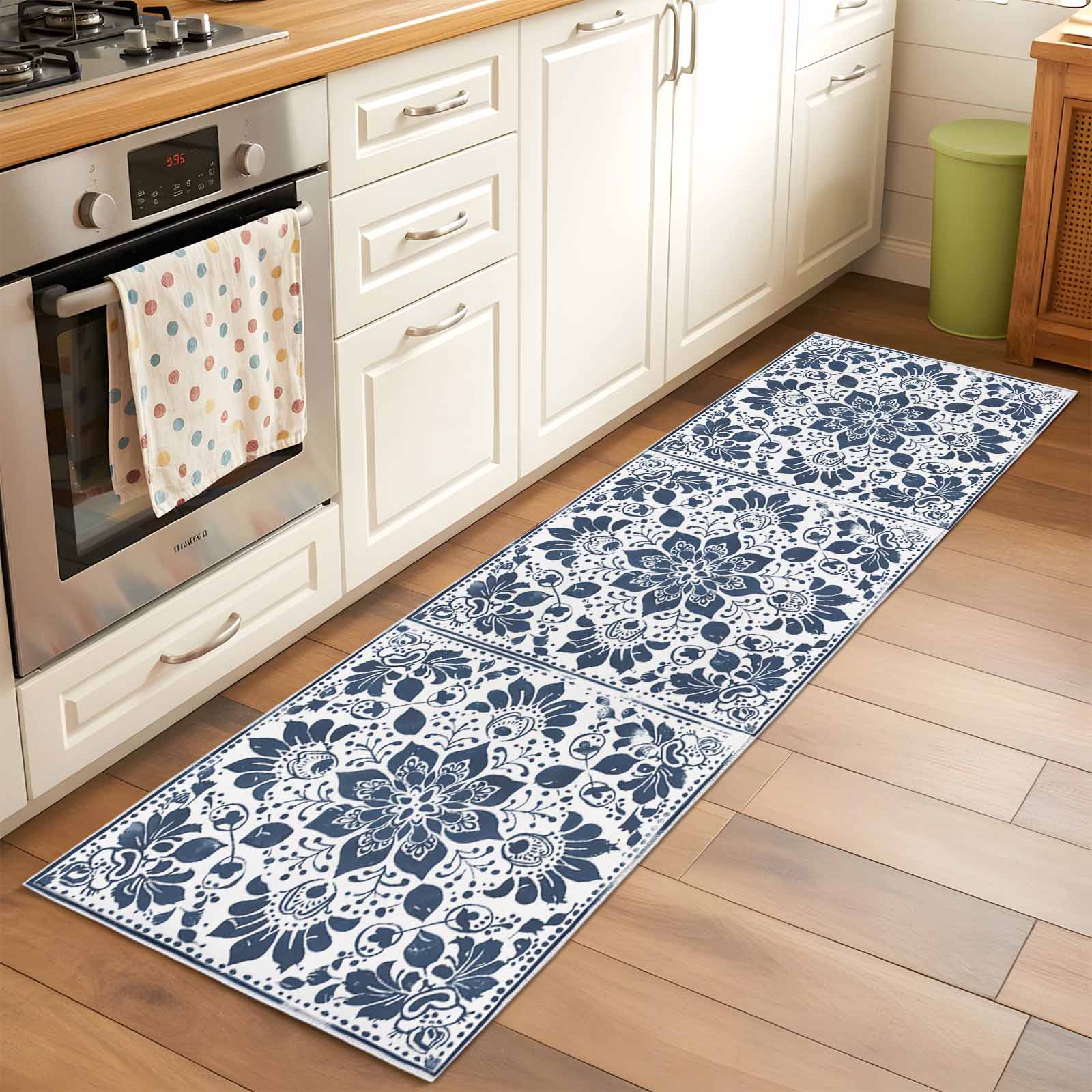 2x6 Kitchen Runner Rug, Blue Floral Non-Skid Rubber Backing Large ...