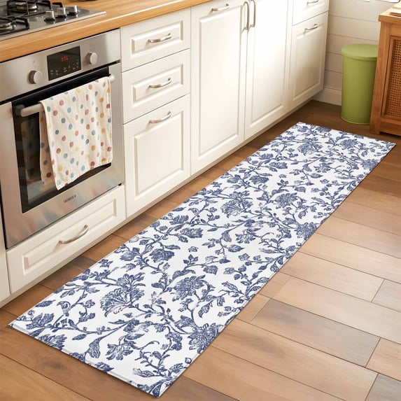 2x6 Kitchen Runner Rug, Blue Flower Non-Skid Rubber Backing Large Rectangle Rugs - Living Room Bedroom Home Office, Spring Leaf Vintage Farmhouse Boho Plant Indoor Floor Mat Carpets Washable Rug