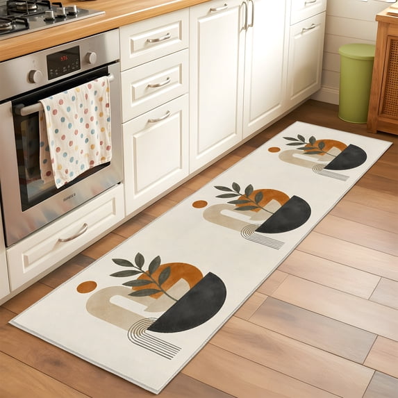 Washable Abstract Shape Rug 2x6 Kitchen Runner Rug, Boho Botanical Leaves Non-Skid Rubber Backing ...
