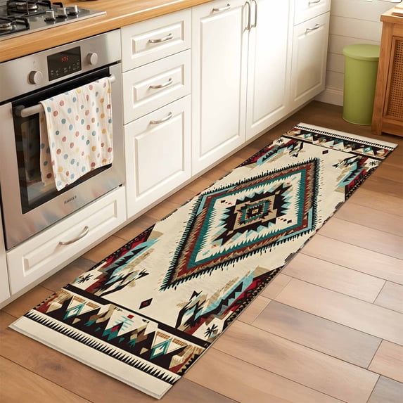 2x6 Kitchen Runner Rug, Boho Red Teal Brown Non-Skid Rubber Backing Large Rectangle Rugs - Living Room Bedroom Home Office, Southwestern Vintage Geometric Indoor Floor Mat Carpets Washable Rug