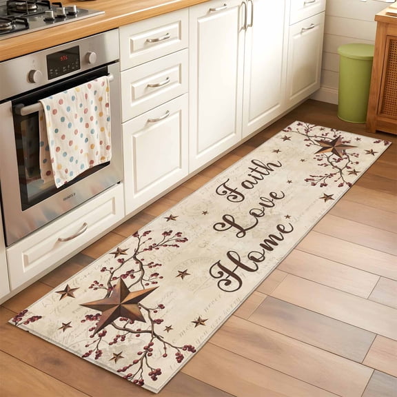 2x6 Kitchen Runner Rug, Brown Farmhouse Non-Skid Rubber Backing Large Rectangle Rugs - Living Room Bedroom Home Office, Retro Country Stars Rustic Branches Berry Indoor Floor Mat Carpets Washable Rug
