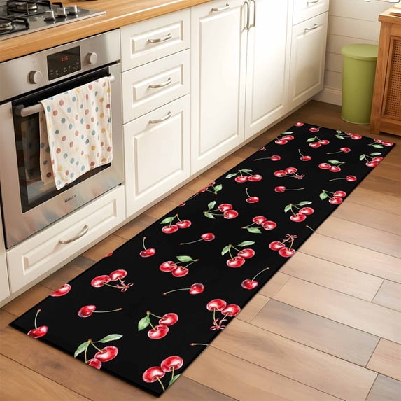 2x6 Kitchen Runner Rug, Cherry Rustic Non-Skid Rubber Backing Large Rectangle Rugs - Living Room Bedroom Home Office, Spring Summer Tropic Fruit Black Indoor Floor Mat Carpets Washable Rug