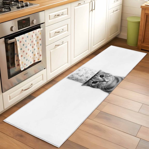2x6 Kitchen Runner Rug, Cute Cat Non-Skid Rubber Backing Large Rectangle Rugs - Living Room Bedroom Home Office, Funny Animal Toilet Paper Abstract Art Indoor Floor Mat Carpets Washable Rug