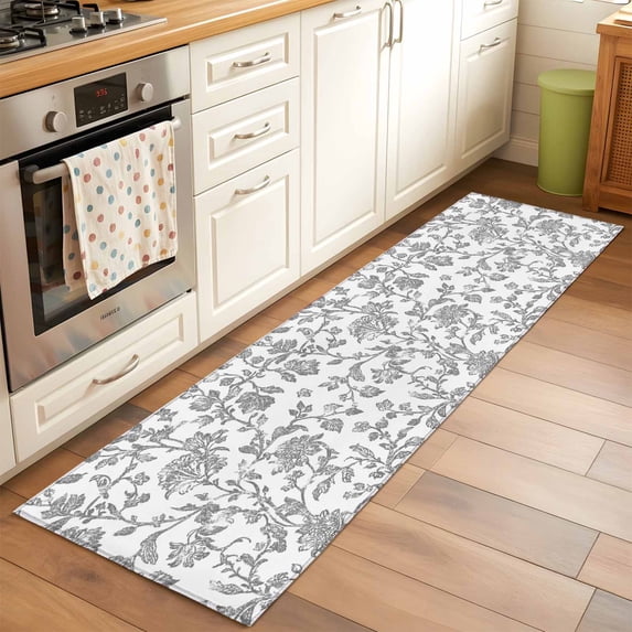 2x6 Kitchen Runner Rug, Grey Flower Non-Skid Rubber Backing Large Rectangle Rugs - Living Room Bedroom Home Office, Vintage Farmhouse Boho Leaf Spring Plant Indoor Floor Mat Carpets Washable Rug
