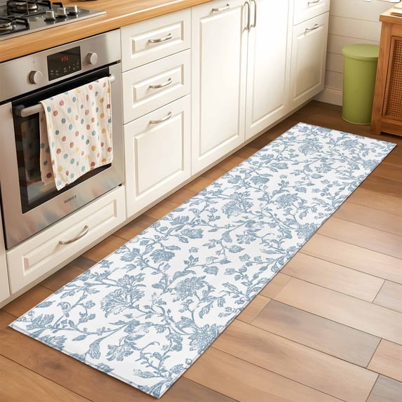 2x6 Kitchen Runner Rug, Light Blue Flower Non-Skid Rubber Backing Large Rectangle Rugs - Living Room Bedroom Home Office, Vintage Farmhouse Boho Leaf Spring Indoor Floor Mat Carpets Washable Rug