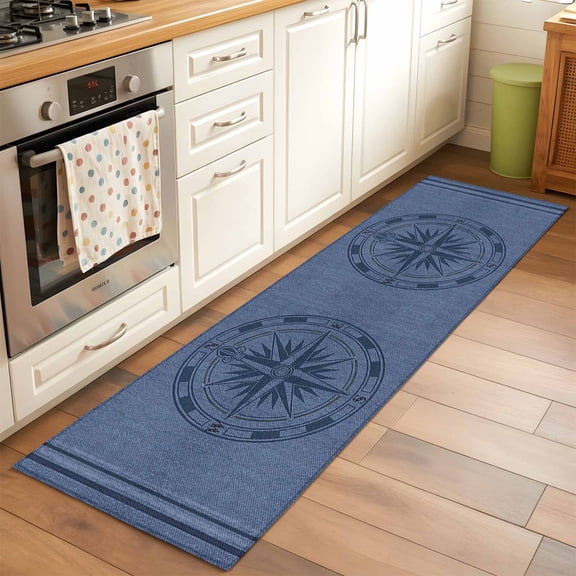 2x6 Kitchen Runner Rug, Nautical Compass Non-Skid Rubber Backing Large Rectangle Rugs - Living Room Bedroom Home Office, Navy Blue Striped Coastal Compass Indoor Floor Mat Carpets Washable Rug
